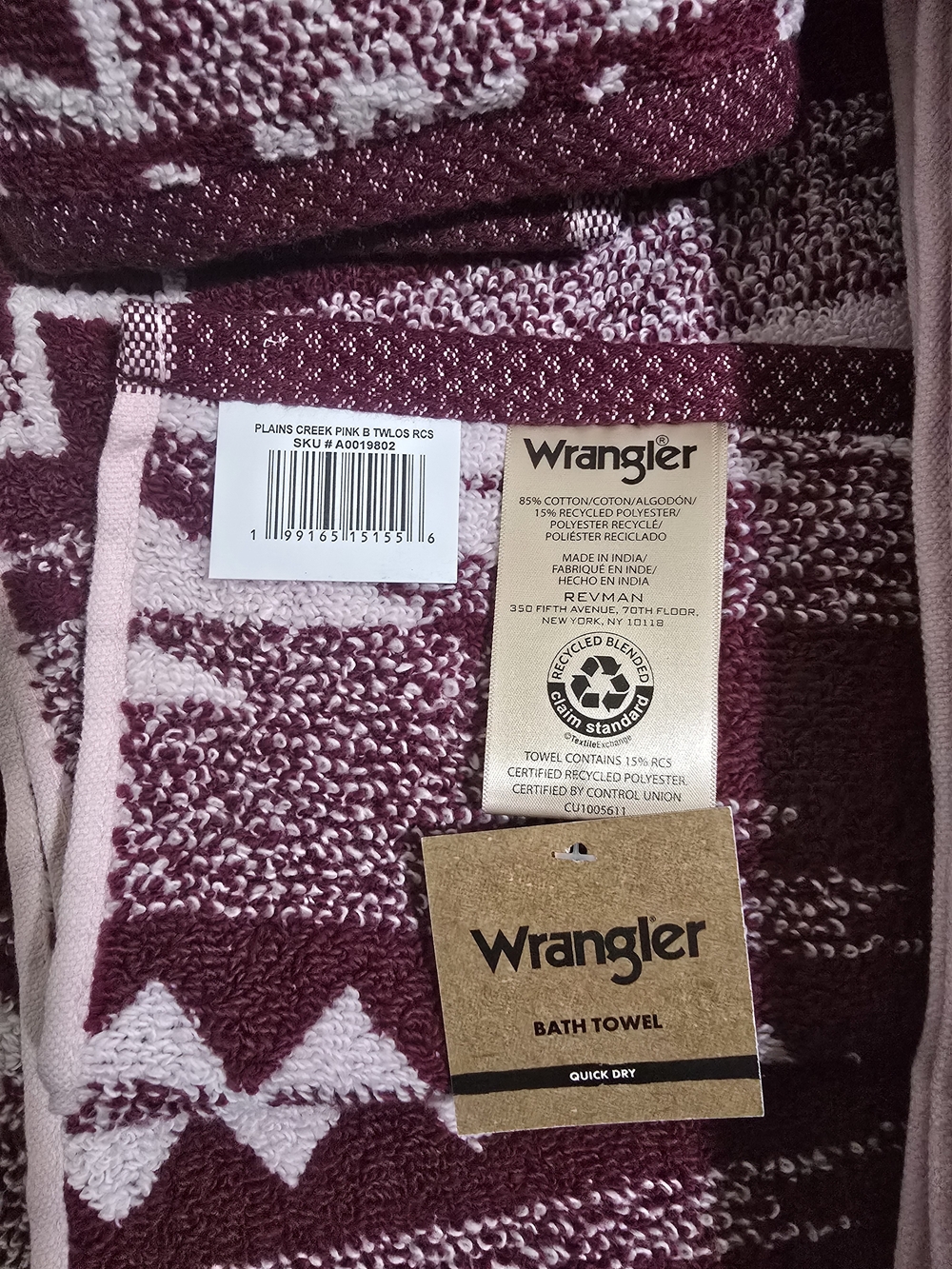 Wrangler Maroon & Light Pink Geometric Bath Towel